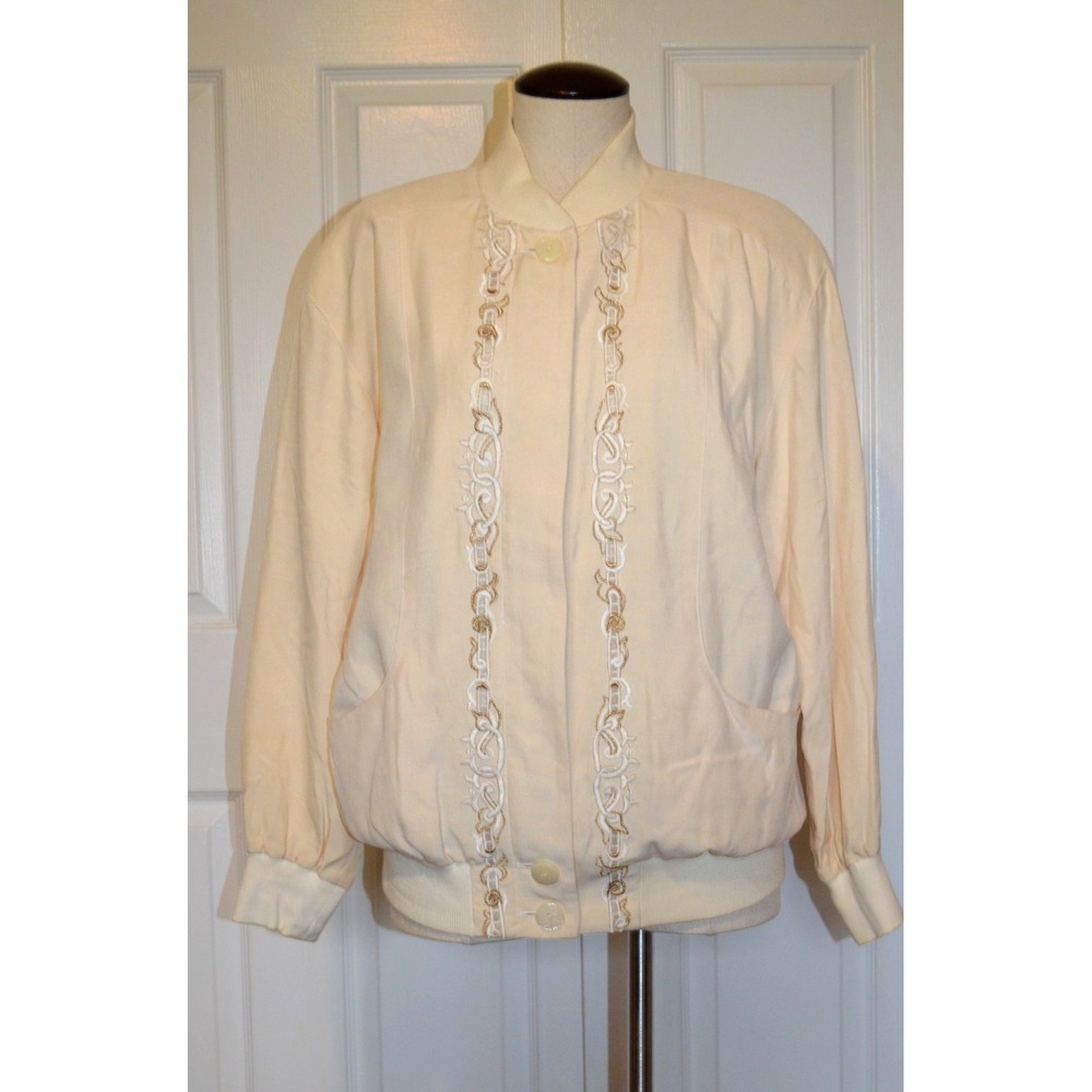 Vintage Stephanie Ivory Silk Jacket Full Zip & Button Womens Small‎